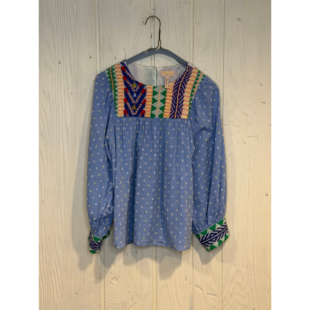 Women's Verb Blue Embroidered Blouse with Green Accents XS